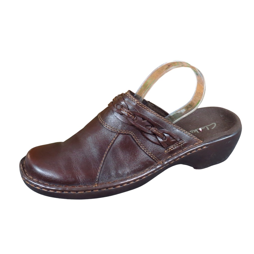 Clarks Sunbeat Women Clog Mule Size 7 Daily Wear Brown Leather Braided Strap